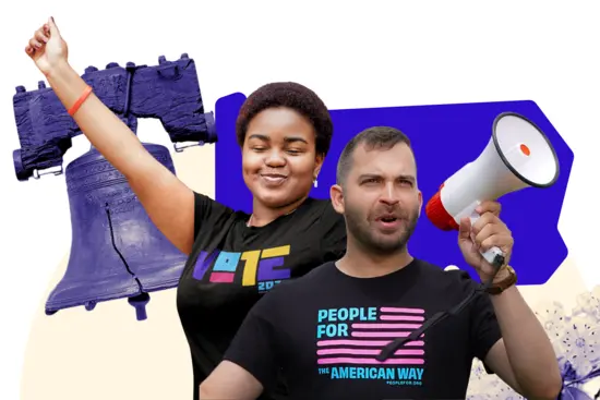 Two people with a megaphone in front of a blue shape of pennsylvania and a picture of the liberty bell