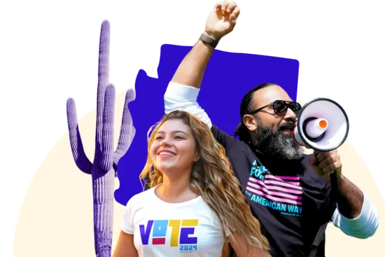 A man and a woman standing in front of the shape of Arizona and a cactus