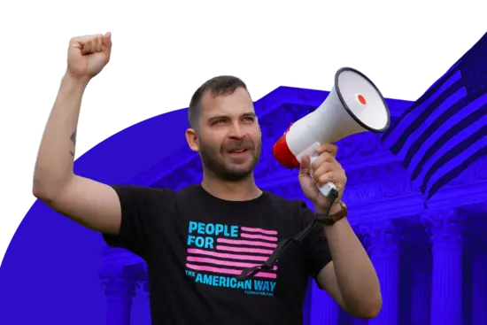 activist carries a bullhorn in front of the capitol. 