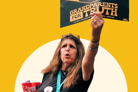 Woman holding a sign that reads Grandparents For Truth