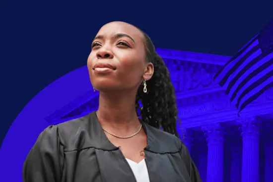 Black woman in a judge robe in front of a blue court
