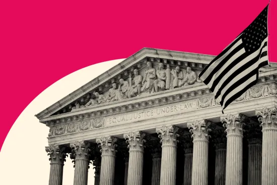 Stylized picture of the Supreme Court against a red background