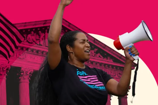 Woman holding a bullhorn in front of a red photo of the Supreme Court