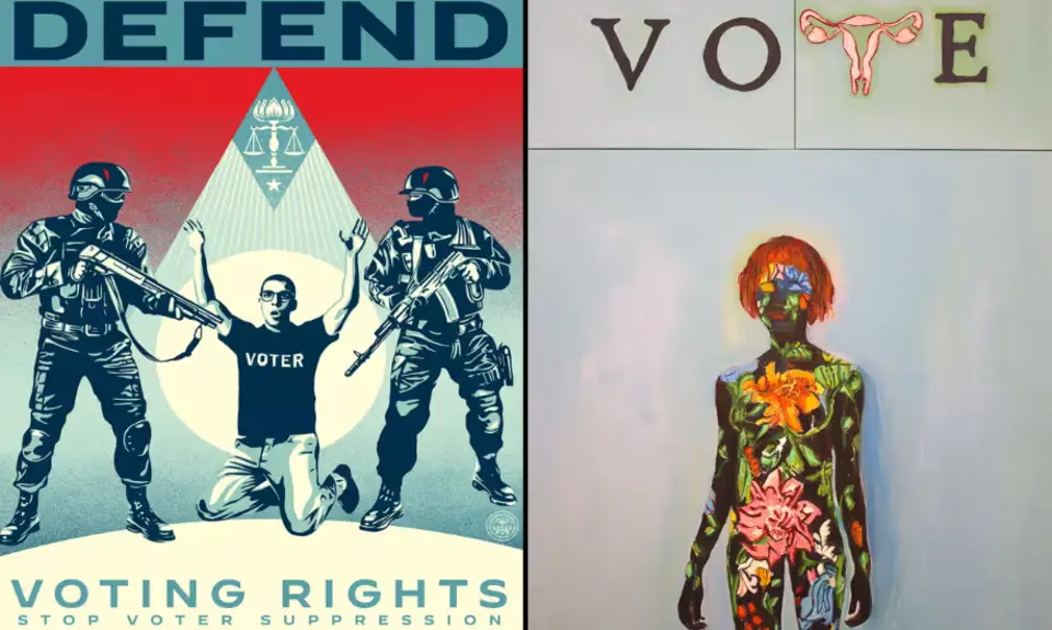 Art for democracy-- piece by Sheppard Fairey on the left and Beverly McIver on the right