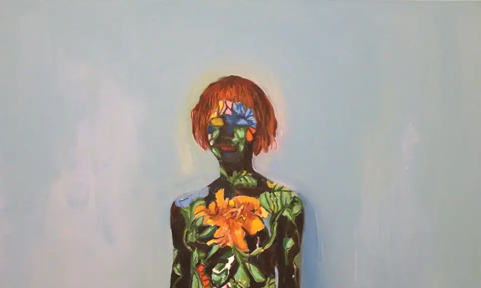 Art by Beverly McIver that has a woman covered in flowers and the message "VOTE" with the T being a uterus