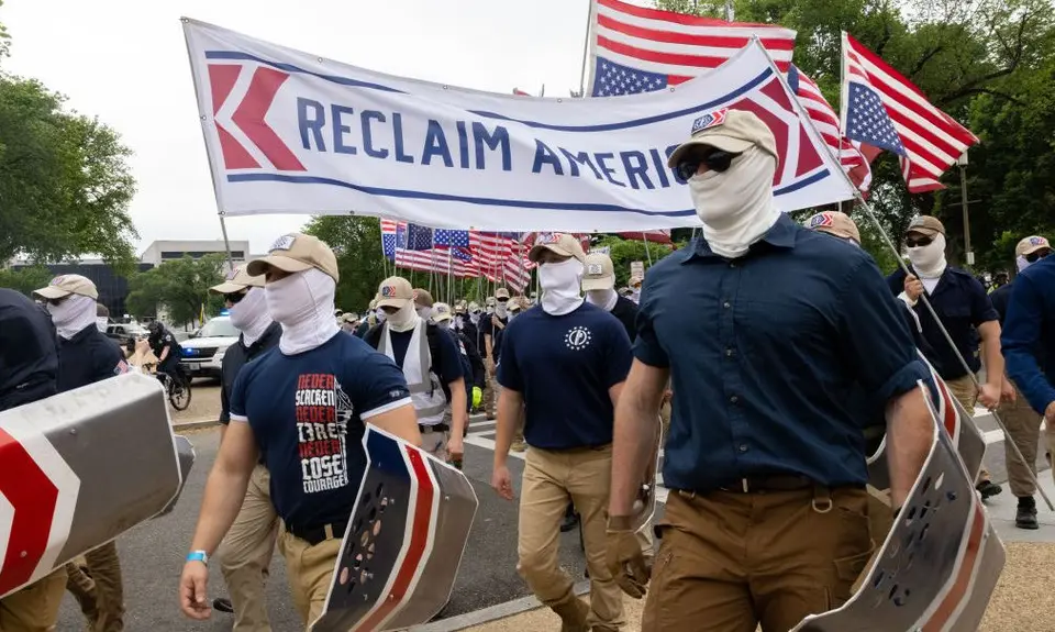 Members of far-right group Patriot Front May 13, 2023, marching Washington, D.C. 