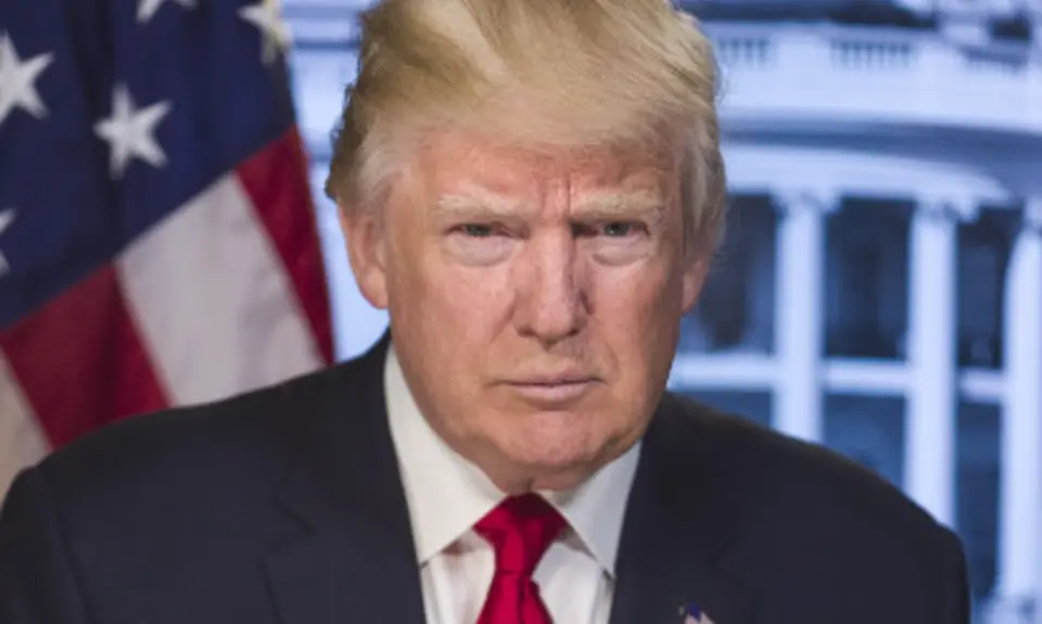 Portrait of a scowling Donald Trump with U.S. flag and image of White House in backbround.