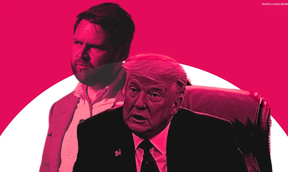 Trump and JD Vance in front of a white half circle