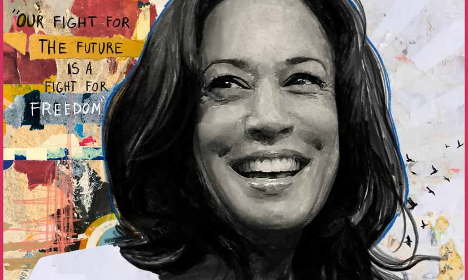 Drawing of Kamala Harris that says "our fight for the future is a fight for freedom" 