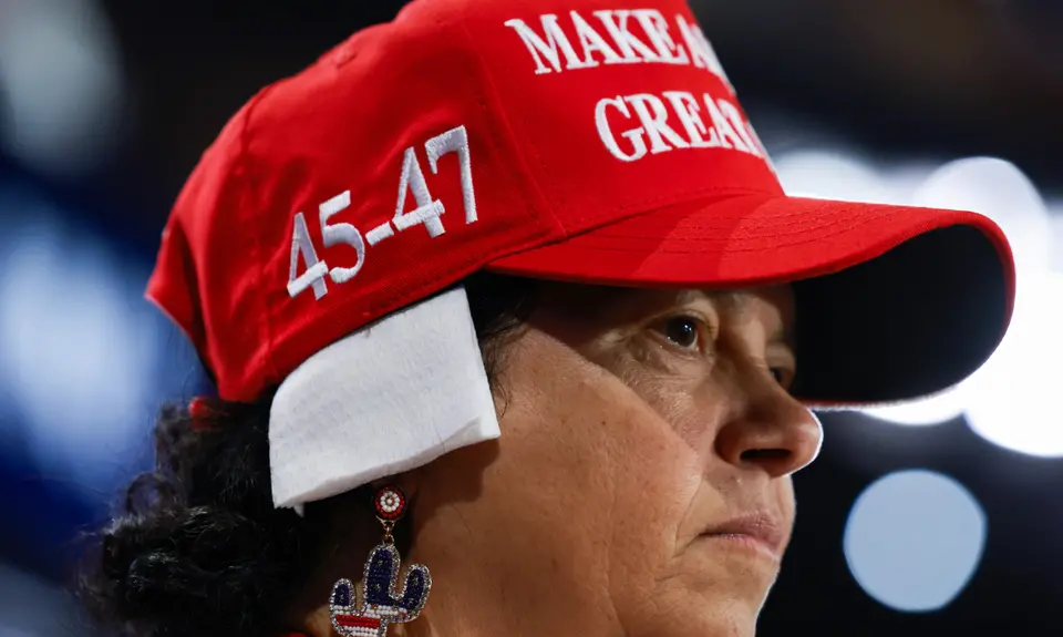 Arizona delegate Stacy Goodman wears a ‘bandage’ on her ear at the Republican National Convention