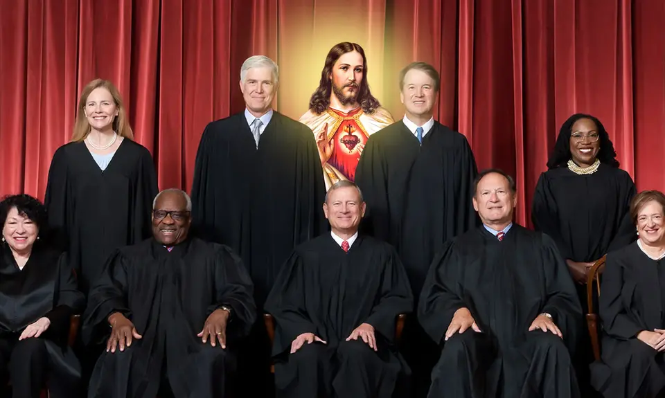 The Supreme Court Justices posing for a photo with Jesus Christ in the back and middle