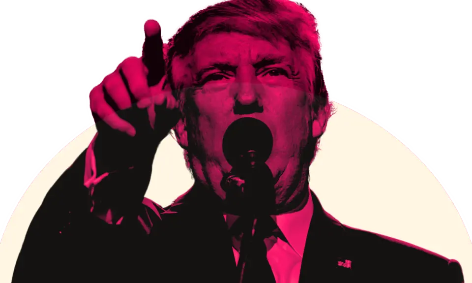 donald trump with a red hue overlay pointing at the sky with a microphone in front of his mouth