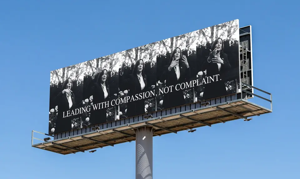 Carrie Mae Weems’s billboard designed for People For the American Way’s Artists for Democracy campaign, featuring photos that she captured of Vice President Kamala Harris