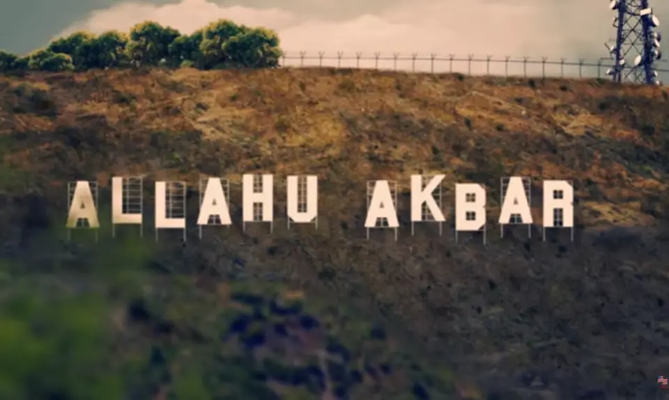 The Hollywood sign replaced by the words "Allahu Akbar"