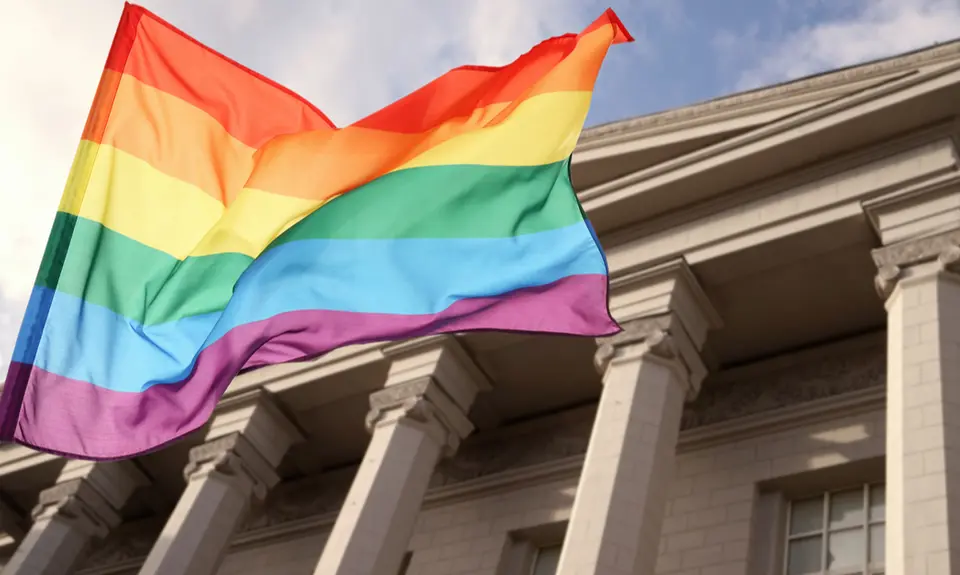 A rainbow flag in front of a building.