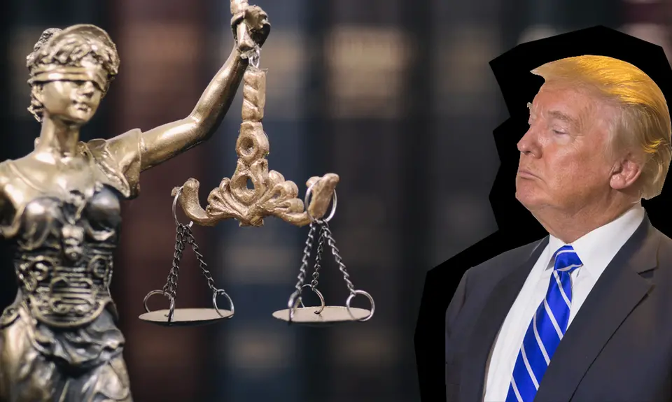 Lady Justice next to Donald Trump