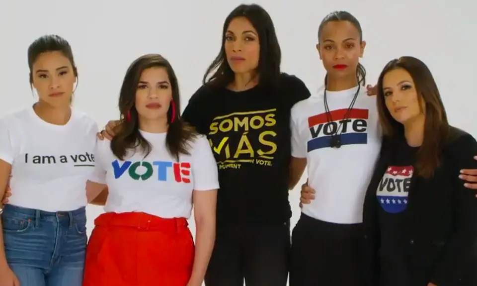 Gina Rodriguez, America Ferrera, Eva Longoria, Zoe Saldana, and Rosario Dawson wear shirts that promote voting