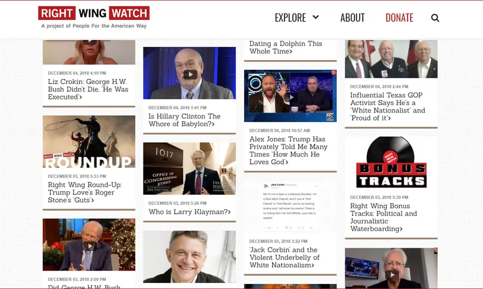 A screenshot of Right Wing Watch stories