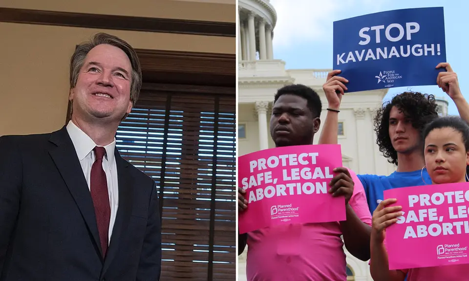 Brett Kavanaugh and people holding signs that say "Stop Kavanaugh!" and "Protect safe, legal abortion"