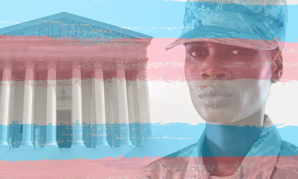 An image of a woman in a military uniform next to the Supreme Court with the trans flag overlaid