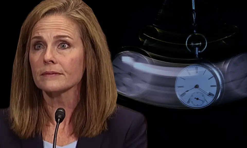 Amy Coney Barrett next to a swinging stopwatch