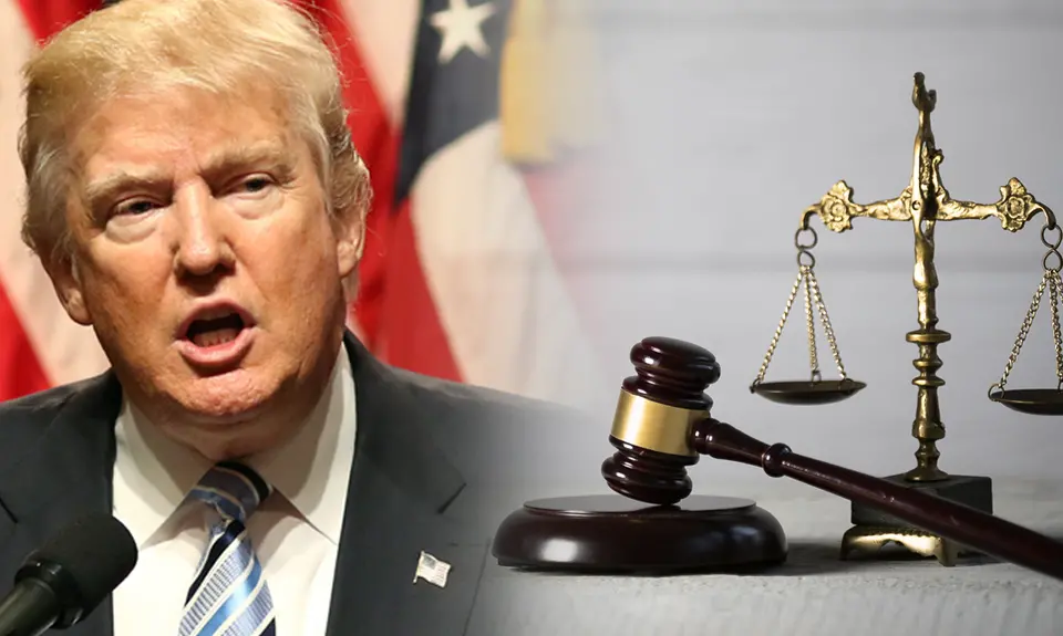 Donald Trump next to a gavel and the scales of justice