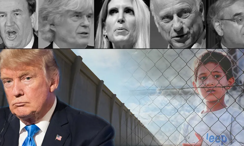 Donald Trump next to a wall with a superimposed picture of a child behind a chain link fence