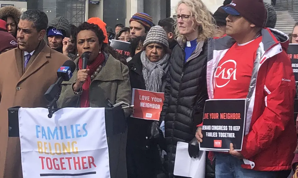 Rep. Yvette Clark speaks at an immigration rally at the Capitol Building on March 6, 2019.