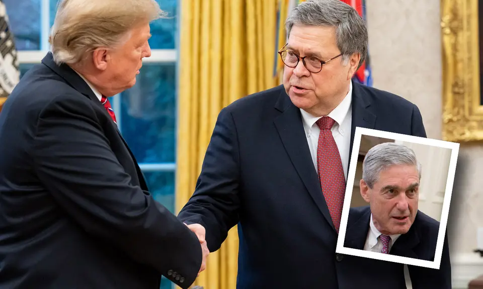 Donald Trump and AG Barr shake hands; there is an overlaid photo of Mueller