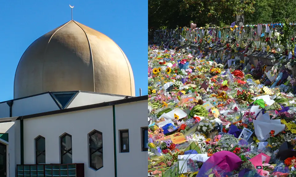 An image of a mosque next to an image of flowers and other tributes left outside along a wall