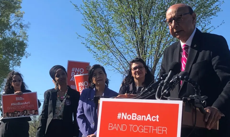 Khizr Khan speaks at a rally and advocates for the passage of the #NoBanAct