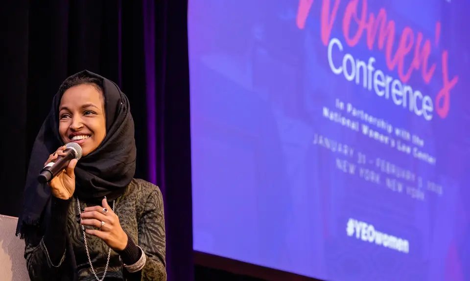 Ilhan Oman speaks at the Women's Conference in New York