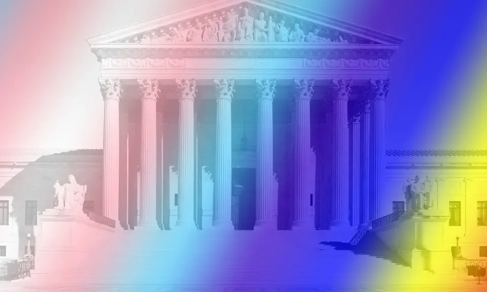 An image of the supreme court with a rainbow of colors superimposed