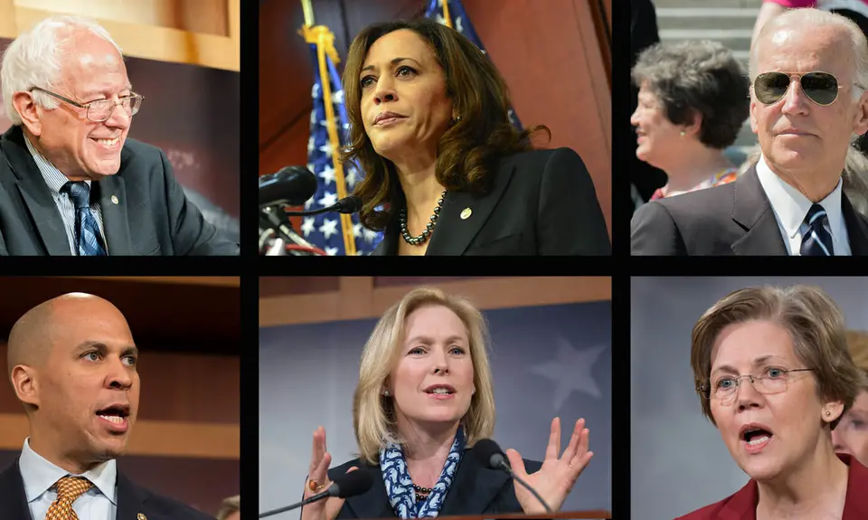 A compilation of headshots including Bernie Sanders, Kamala Harris, Joe Biden, Cory Booker, Kirsten Gillibrand, and Elizabeth Warren