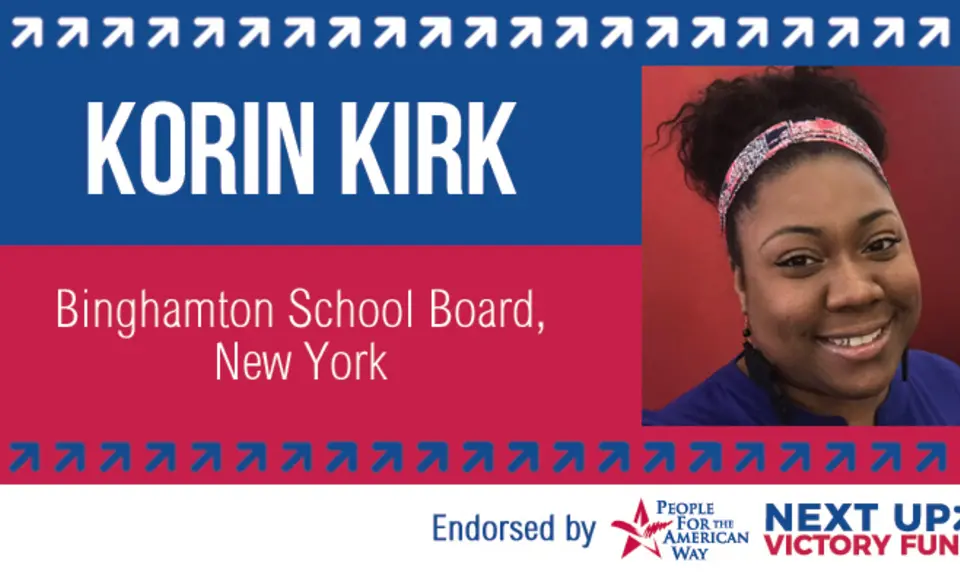 An advertising image for Korin Kirk for Binghamton School Board in New York with a headshot