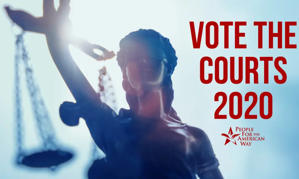 An image of Lady Justice with the text "Vote the Courts 2020"