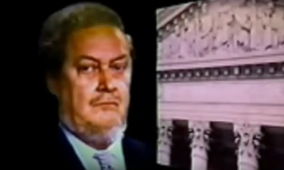 Image of Robert Bork and U.S. Supreme Court from 1987 PFAW ad opposing Bork's nomination.