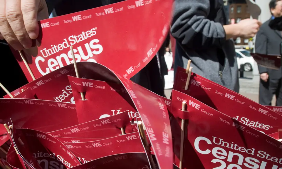 Small red, triangular flags that say "United States Census"