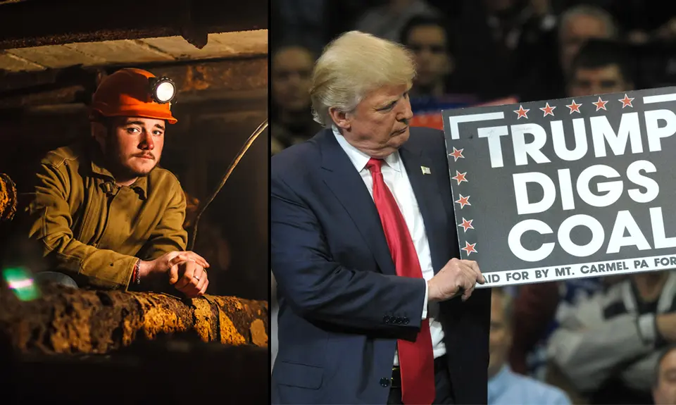 An image of a miner wearing a hard hat and head lamp next to am image of Donald Trump holding a sign that says "Trump digs coal."