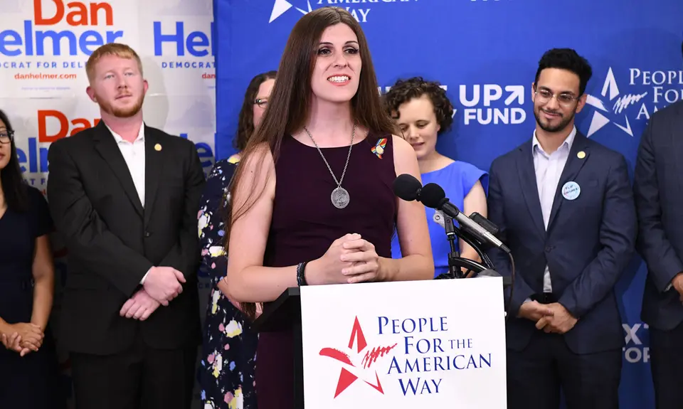 Danica Roem at the speaker's podium at PFAW's Next Up 2019 Virginia kickoff event.