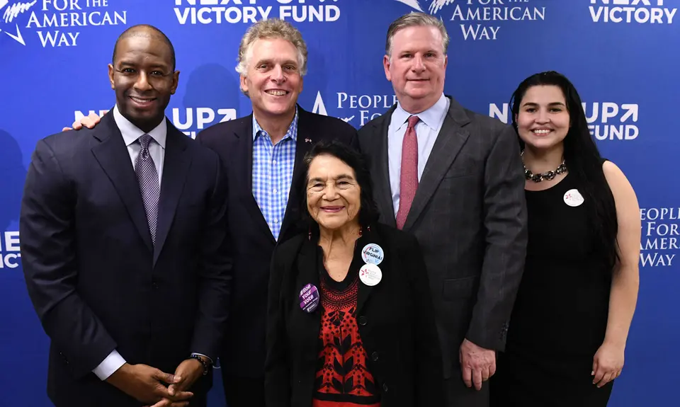 Andrew Gillum, Terry McAuliffe, Michael Keegan, Lizet Ocampo and Dolores Huerta at PFAW's 2019 Next Up Virginia kickoff event.