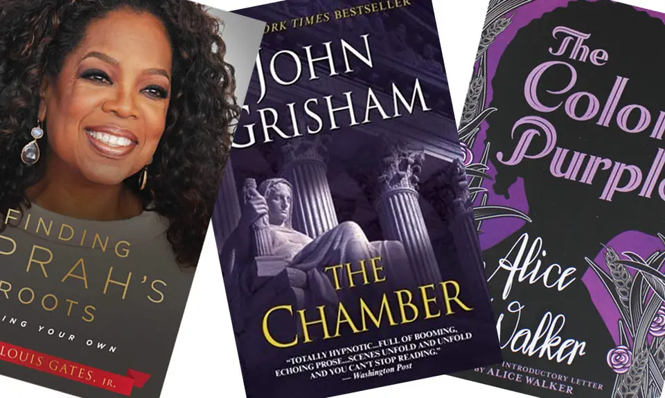 Three books: Finding Oprah's Roots by Henry Louis Gates, Jr., The Chamber by John Grisham, and The Color Purple by Alice Walker