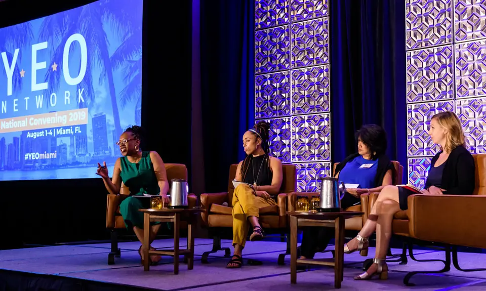 The YEO Network National Convening 2019 panel, titled "“The Role of Philanthropy in Supporting Progressive Governance and Policy Implementation." Left to right: Lateefah Simon of the Akonadi Foundation, Tynesha McHarris of NoVo FoundationNina Ahmad of the Donors of Color Network, and Leah Hunt-Hendrix of Way to Win