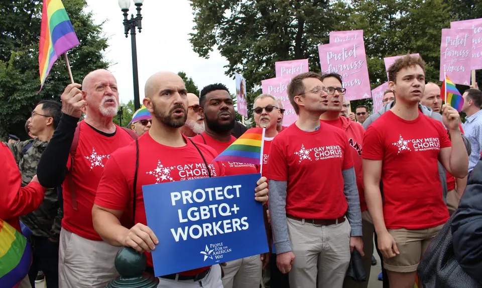 The Gay Men's Chorus of Washington sings the national anthem outside of the Supreme Court