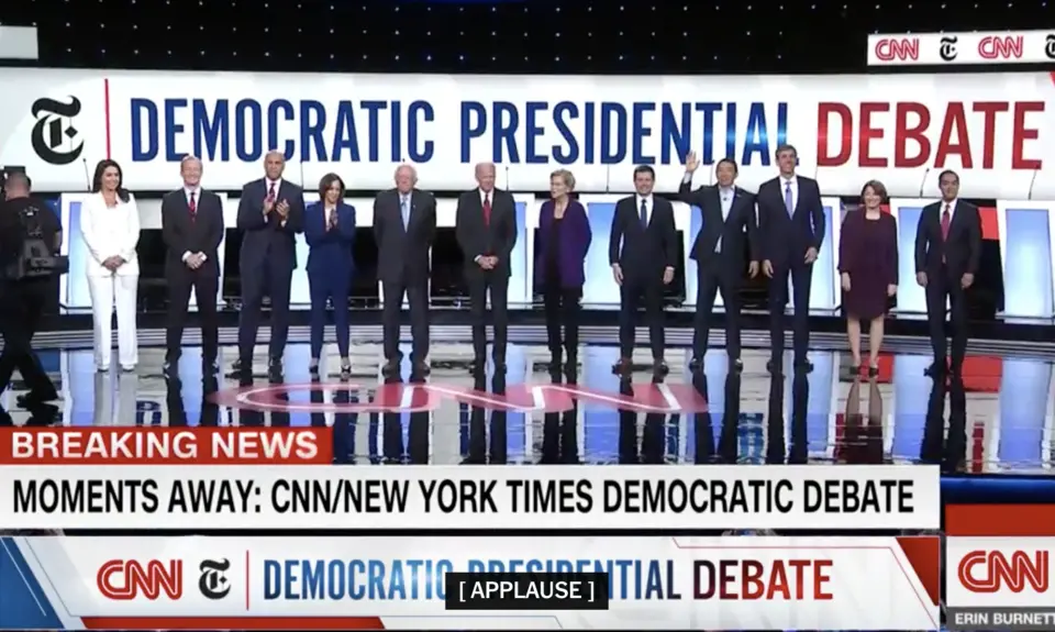 A screenshot of CNN during the Democratic Presidential Debate in October 2019 showing all of the candidates.