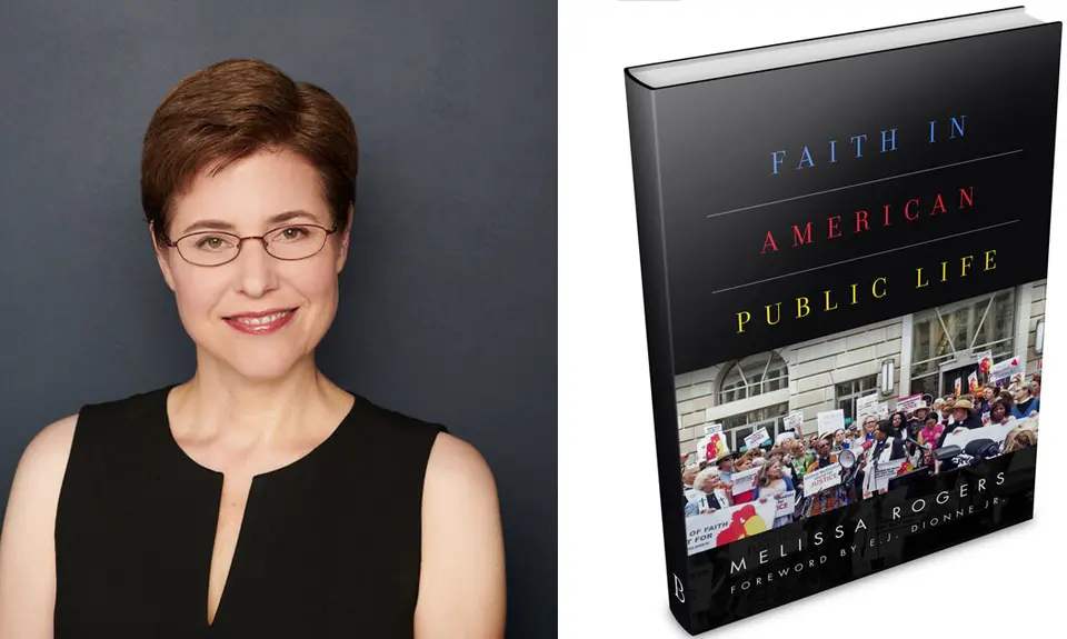 A headshot of Melissa Rogers next to an image of her book, Faith in American Public Life