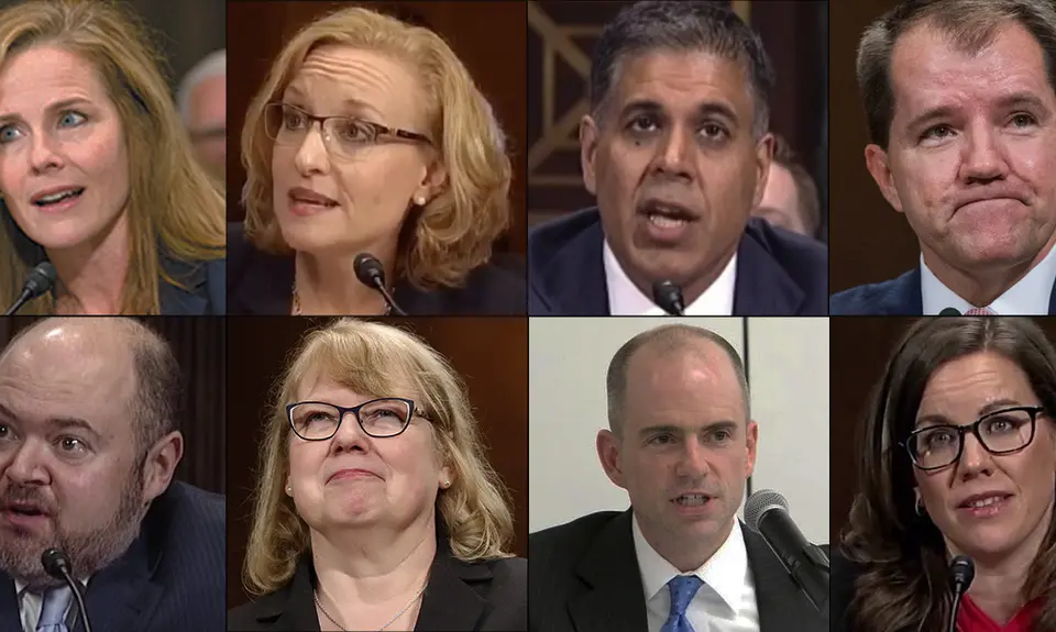 A compilation of headshots of Trump-appointed judges.