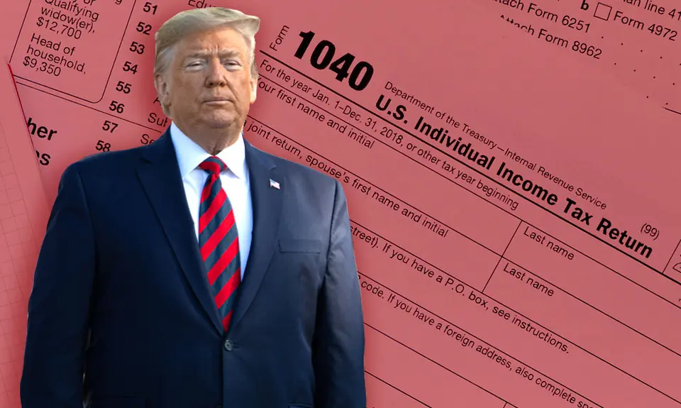 An image of Donald Trump overlaid onto an image of Form 1040: U.S. Individual Income Tax Return