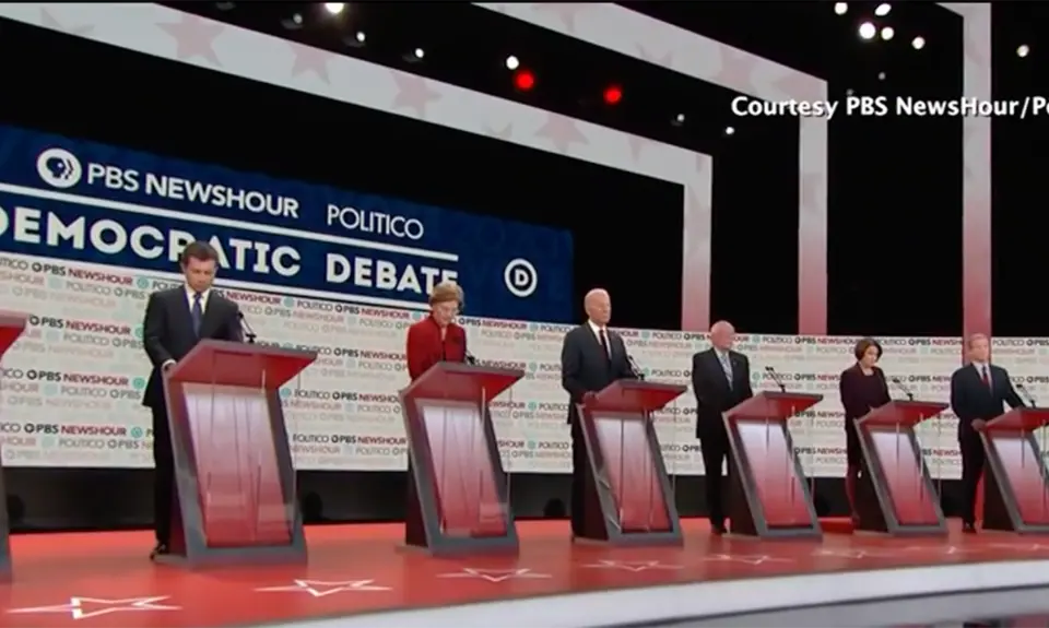 Democratic candidates on the stage during the December 2019 debate hosted by PBS Newshour and Politico