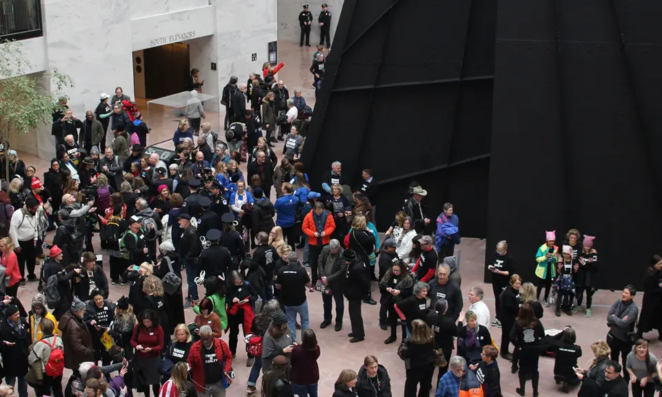 Activists gather in the atrium of the Hart Senate Office Building on January 29, 2020.